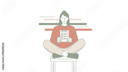 Woman sitting cross-legged holding a wellness checklist, mindful self-care concept