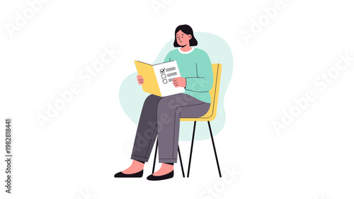 Woman sitting on chair, reading a checklist, making decisions, planning, and organizing tasks.