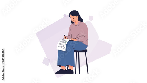 Woman taking a test or filling out a form, sitting on a stool, illustration