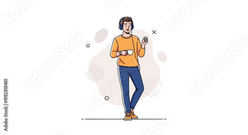 Young Man with Headphones Drinking Coffee and Listening to Music