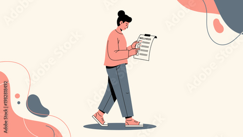 Woman walking and checking a checklist, modern flat illustration, abstract shapes background