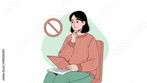 Woman thinking with a prohibition sign, decision making, doubt, and uncertainty concept