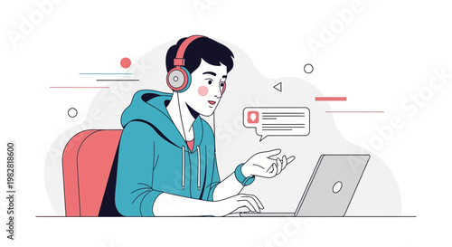 Young man with headphones video calling on laptop, online communication concept