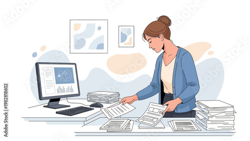 Woman working at desk with computer and stacks of papers, organizing documents