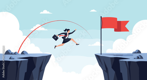 Brave businesswoman taking a leap across a deep chasm toward a red flag representing risk taking and perseverance.