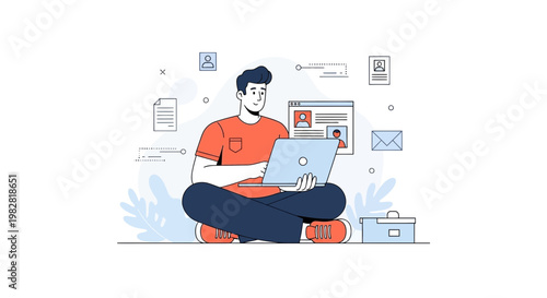 Young man working on laptop, online communication, remote work, digital nomad lifestyle