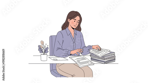 Woman working at desk with documents and plant
