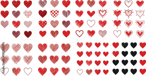 Heart Pattern Vector Set with Various Red, Black, and White Heart Designs for Love, Valentine's Day, and Romantic Themes