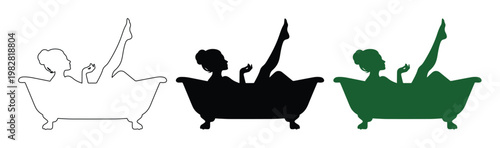 Retro woman in bathtub vector silhouette set, elegant bathing lady outline, black, and green graphic elements, vintage spa and beauty illustration for branding.