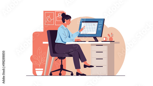 Woman working on computer at desk, modern office, planning, calendar view