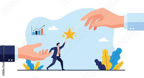 Successful businessman reaching for a bright gold star while receiving assistance from giant corporate helping hands.