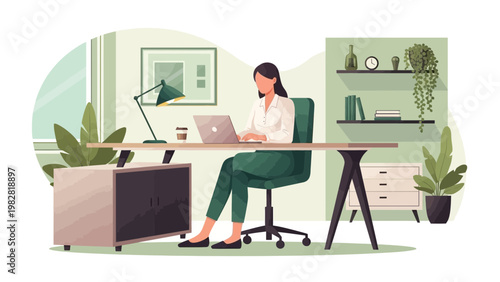 Woman working on laptop at desk in modern home office with plants