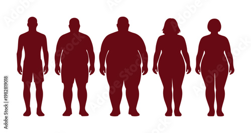 Human body type silhouettes, male and female body shapes, diverse body mass index (BMI) representations, health and wellness vector illustration for medical and fitness content.