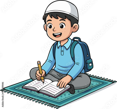 Muslim Boy Student Wearing Kufi Happily Studying and Writing in a Book on a Prayer Rug