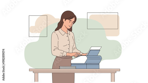 Woman working with printer at desk, office, administrative tasks, business woman, modern office