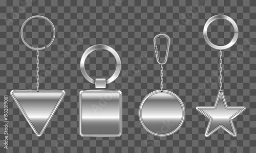 Keychains set. Metal round, square, triangle, star