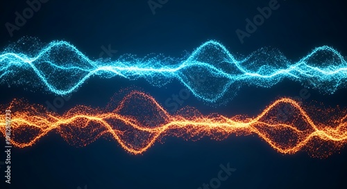 Vibrant Abstract Waveform Background with Blue and Orange Glowing Lines, Digital Technology Concept, Futuristic Data Visualization, Dynamic Energy Flow, Dark Background.