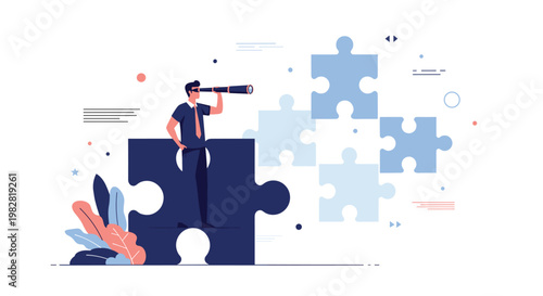 Professional man using a telescope to observe floating puzzle pieces representing creative problem solving skills.