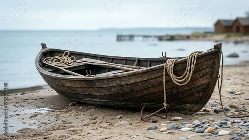 A weathered wooden boat resting on a sandy shore with ropes, calm waters, and distant cabins