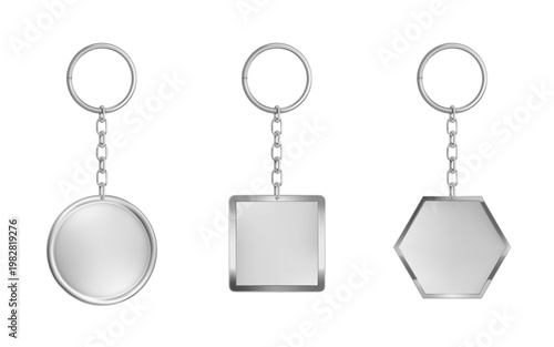 Keychains set. Metal round, square and hexagon