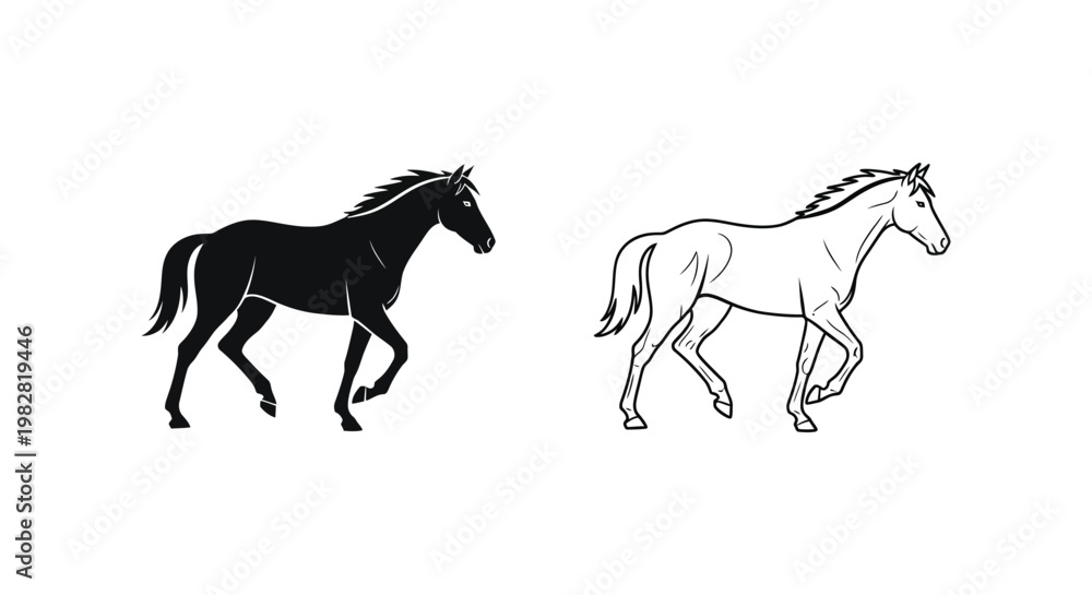 Fototapeta premium Horse icons, black and white horse silhouettes, equine vector graphics, animal illustrations