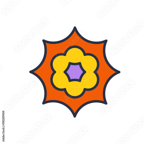 Orange starburst floral ornament. Decorative bloom with pointed outer petals and layered geometric center in bold outlined seventies style. Vector 10 EPS.