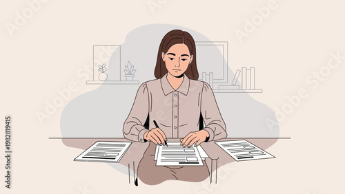 Young woman working at desk with documents and pen, focused on paperwork