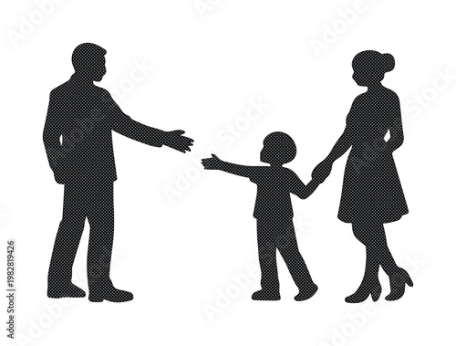 Family separation vector illustration, a child reaching for a parent, symbolizing divorce, custody battles, and broken families. Minimalist black silhouette graphic for social issues and legal