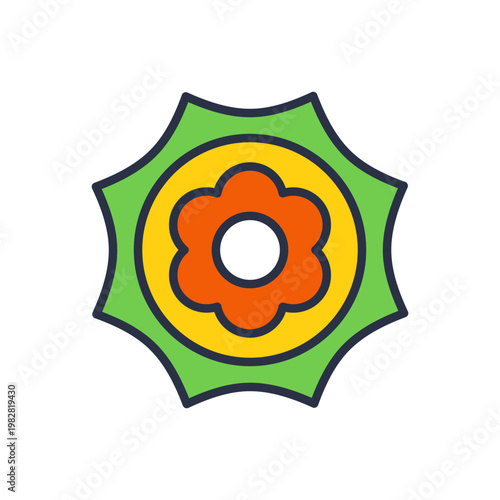 Green round retro badge. Circular decorative bloom with layered contrasting petals and strong outline in vintage pop inspired style. Vector 10 EPS.