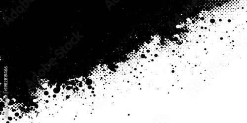 Black ink splat and splash design element featuring a dark grunge liquid texture with paint drops and splatter stains on an artistic vector background