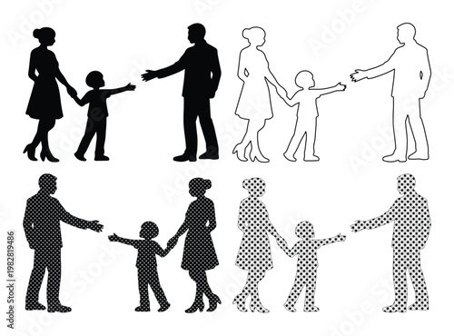 Family silhouette vector set, parent and child reaching hands, black and white graphic resource, diverse family unit illustration for social issues and lifestyle designs