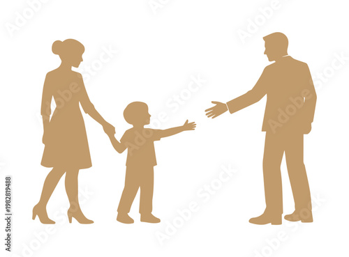 Family separation vector silhouette, child reaching for father, mother holding child's hand, brown monochromatic illustration, legal and social issues concept.