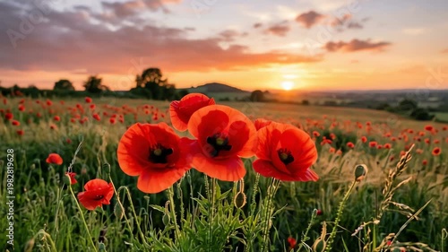 Vibrant red poppies bloom in a sunlit field at sunset, creating a serene landscape scene