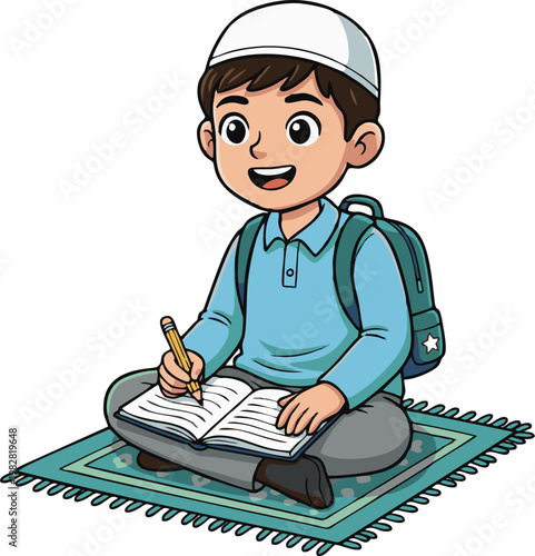 Muslim Boy Studying and Writing in a Book While Sitting Happily on a Prayer Mat