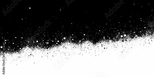 Black ink splat and grunge paint texture illustration with blue winter snowflake pattern on a liquid water bubble background