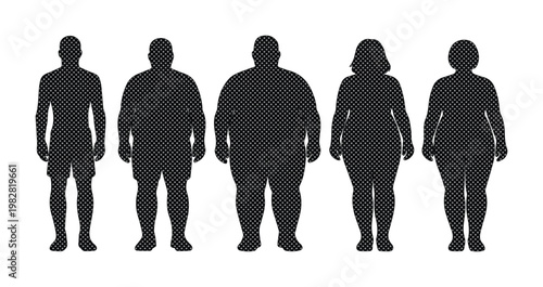Human body silhouette vector set, male and female figures illustrating different body types and weight stages, health and fitness concept, medical and wellness graphic resource
