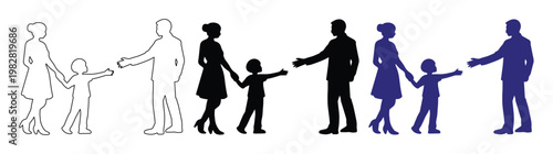 Family relationship vector illustration set, diverse parent and child silhouettes, outline and solid figures, representing connection and care, ideal for social and educational designs.