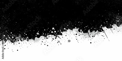Dark black ink splat and grunge paint splashes create a liquid splatter texture over a clean blue wave backdrop with bubble drops and a transparent art frame design