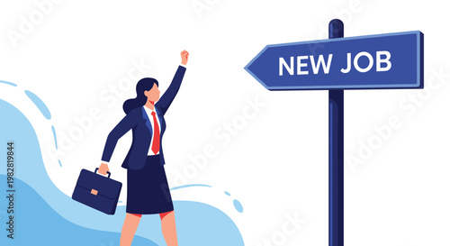 Joyful businesswoman celebrating next to a blue street sign pointing toward a new job opportunity and career change.