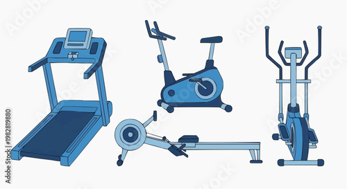 Gym cardio equipment vector set, blue treadmill and stationary exercise bike, rowing machine and elliptical trainer icons for fitness app