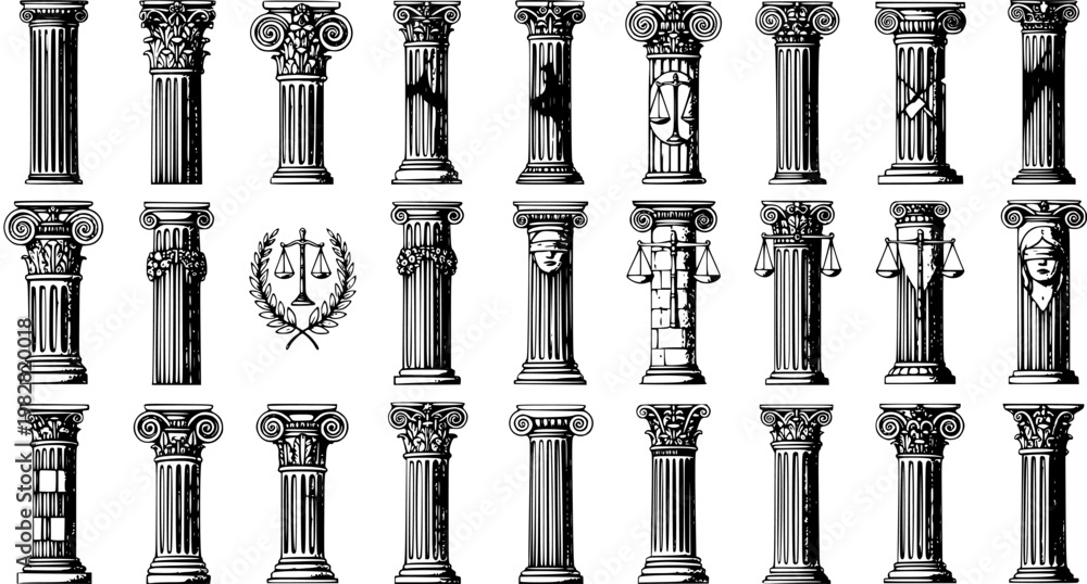 Εκτύπωση καμβά Black and White Line Art of Various Architectural Columns, Pillars, and Scales o