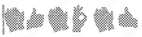 Hand gesture vector icons, a collection of six checkered hand symbols for communication and feedback. Modern graphic resources for user interfaces and digital design.