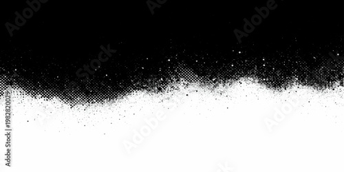 A grunge black ink splat textured background with transparent water drops and a flowing liquid wave splash in a clean macro design
