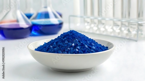 Macro view of blue copper sulfate crystals in a white bowl with laboratory glassware in the background, science