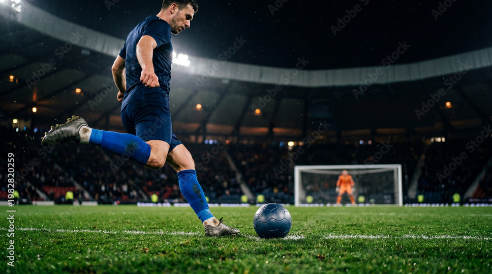 Fototapeta premium Soccer football penalty kick player stadium goalkeeper night match ball rolls on wet grass as focused male athlete prepares powerful shot toward goal under bright floodlight