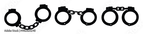 Black Handcuffs Vector Icon Set. Police Handcuffs, Restraint Devices, and Law Enforcement Symbols. Justice and Crime Concept Graphic Elements for Web and Print.