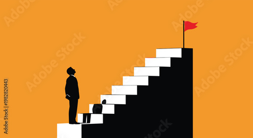 Silhouette of a businessman looking up at a very tall set of stairs leading to a red success flag on orange.
