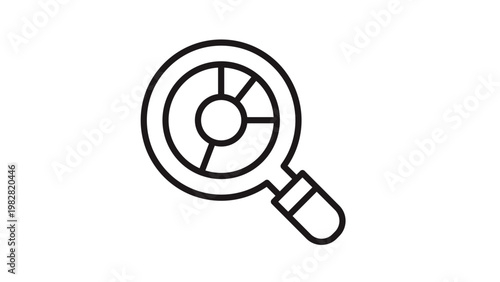 Tableau sur toile Minimalist black line art vector icon of a magnifying glass with a pie chart inside, symbolizing data analysis, market research, business statistics, search optimization, and analytics illustration