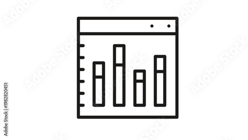 Minimalist black line vector icon illustration of a web browser window displaying a bar chart with vertical columns and axis markings, representing data analysis, analytics, and statistics.