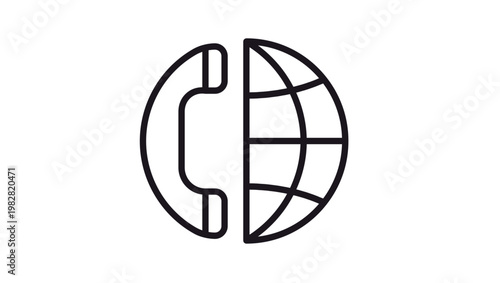 Global communication vector icon featuring a telephone handset and a globe symbol, representing international calls, worldwide connectivity, and telecommunications services in a minimalist style.